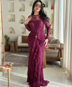 أوبرا فاشن - فستان سهرة دانتيل برغندي طويل بأكمام شفافة وتفاصيل كسرات