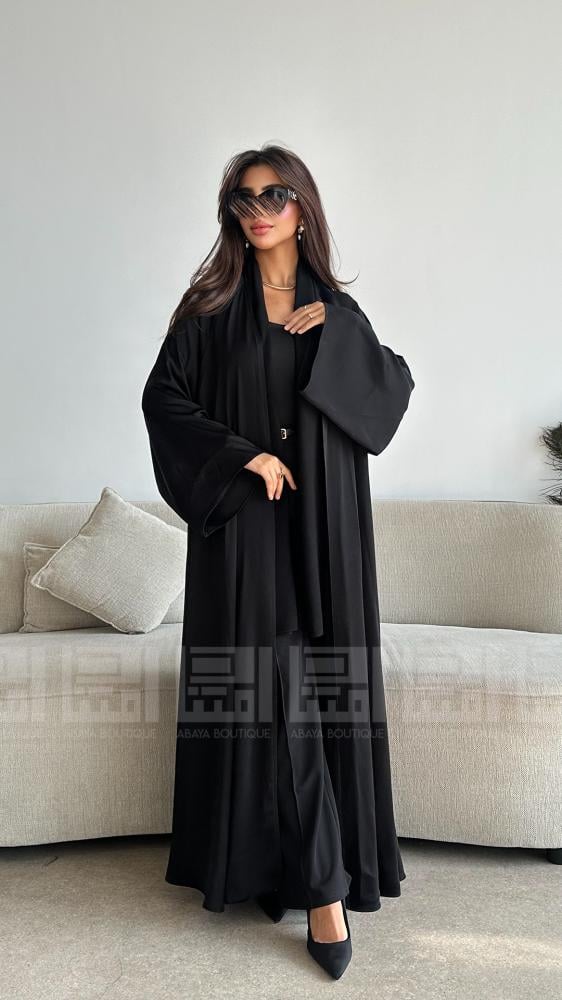 دار امتنان - عباية كلوش سوداء صيفية أنيقة بقماش بودرة- 1321 - Image 4