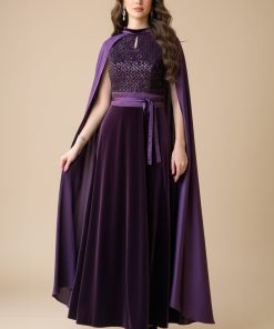 اكتان - فستان موف سهرة مخملي بأكمام كيب