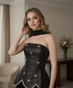 Alternative view of أوبرا فاشن - فستان سهرة أسود مخمل بلمسة جلد ناعمة وشال فاخر