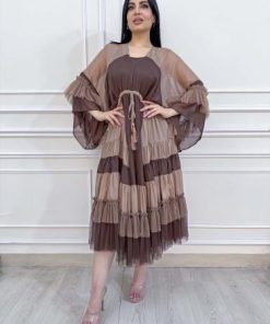 أوبرا فاشن - فستان ميدي ناعم اورجانزا وتل مع ربطة بالخصر