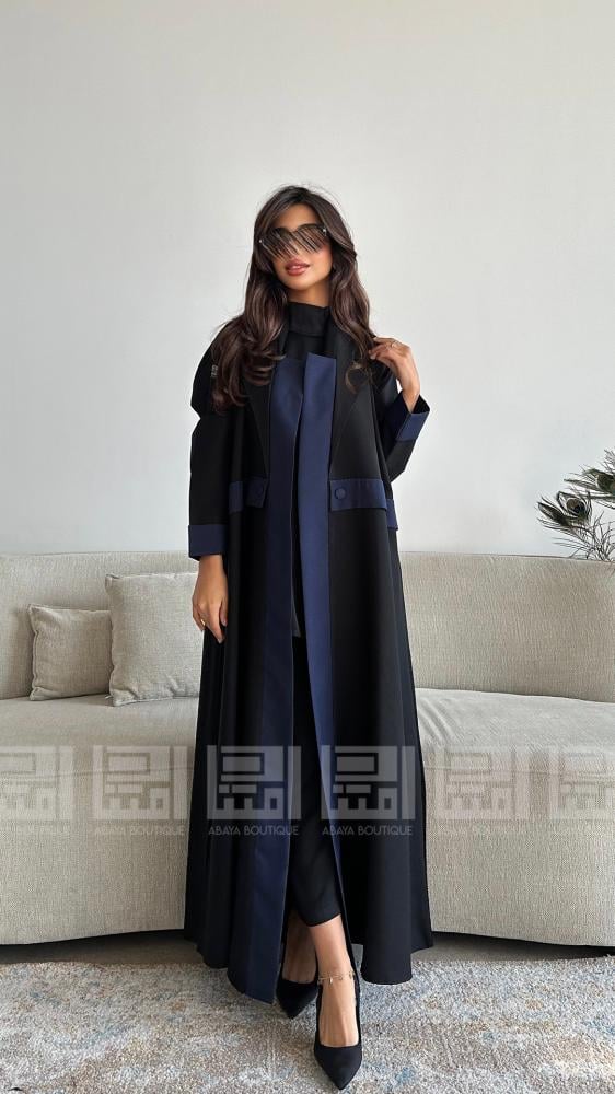دار امتنان - عباية سوداء نصف كلوش كحلي بياقة جاكيت بقماش بارد- 1470 - Image 6