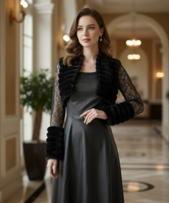 Alternative view of أوبرا فاشن - فستان أسود لامع بكرستالات وجاكيت دانتيل وفرو ناعم