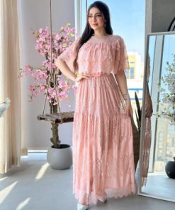 أوبرا فاشن - فستان طويل طبقات دانتيل على حزام ورود