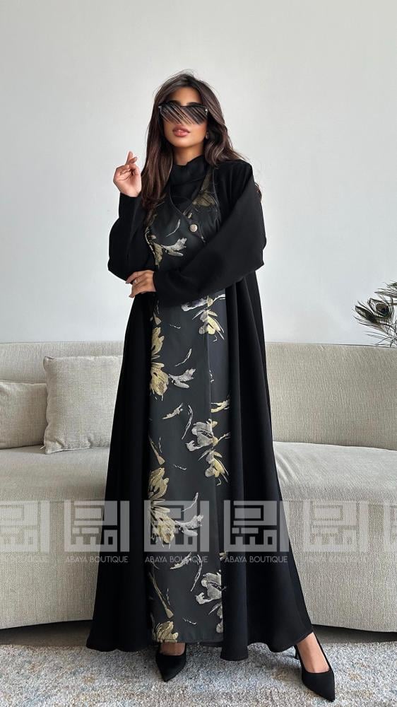 دار امتنان - عباية سوداء صيفية نصف كلوش بجاكار ملون بتداخل فضي وذهبي- 1478 - Image 5