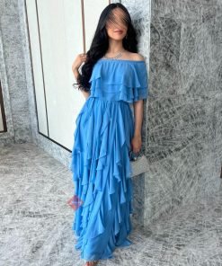 بينوش - فستان سهرة ناعم شيفون ستايل اوشولدر مزين بكرانيش