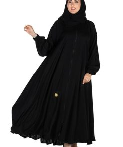 عبايات روزا - عباية دبل كلوش سوداء من قماش لمسة حرير مع طرحتها