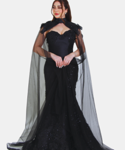 تريجر آيلاند - فستان سهرة طويل بكاب شفاف وتفاصيل براقة