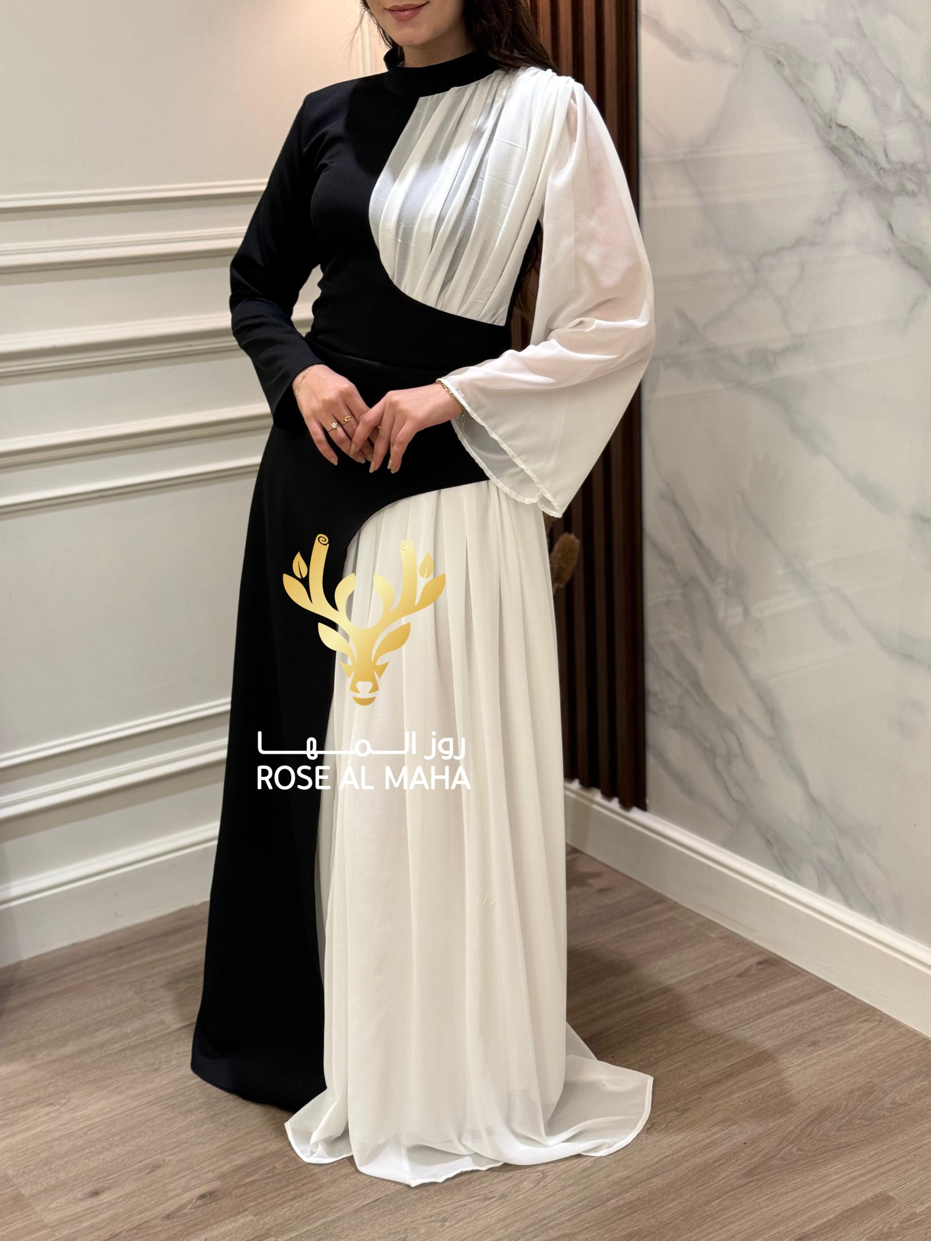 روز المها - فستان ابيض واسود بأكمام طويلة - Image 3