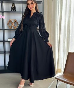 Alternative view of أوبرا فاشن - فستان أسود أنيق بأكمام منفوخة وتطريز ناعم