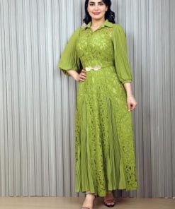 أوبرا فاشن - فستان طويل دانتيل اكمام طويلة من الاسفل كسرات بلاسية مع حزام