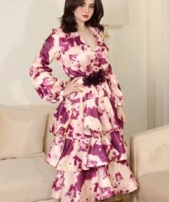 أوبرا فاشن - فستان لف مشجر طبقات اكمام طويلة قماش حرير