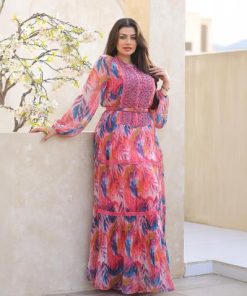 أوبرا فاشن - جلابية شيفون مشجرة فاخرة مع شك كريستال بالصدر وحزام أنيق