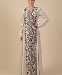 اكتان - جلابية بيج طويلة بتطريز تراثي