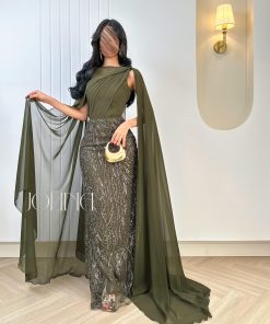 جولينا - فستان سهرة زيتي مطرز مع شال طويل