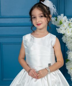 Alternative view of لورا فاشن - فستان بناتي أبيض منفوش بلمسة ساتان وزهور ثلاثية الأبعاد مع فيونكة خلفي