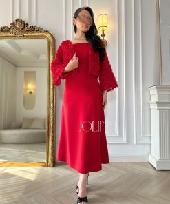 جولينا - فستان أحمر مع جاكيت مزين بورود