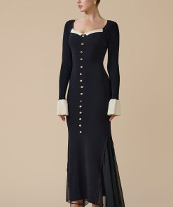 اكتان - فستان اسود طويل بأكمام طويلة