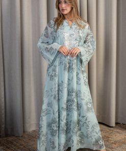 لورا فاشن - جلابية بلون أخضر مائي بنقشة زهرية ناعمة وتصميم أنيق