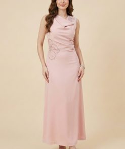 اكتان - فستان ماكسي درابيه مزيت بالفصوص لون وردي