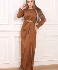 أوبرا فاشن - فستان سهرة طويل اكمام طويلة قماش كريب استرتش وفتحة جانبية