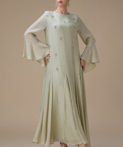 اكتان - جلابية طويلة أخضر فاتح بأكمام واسعة وتطريز أنيق