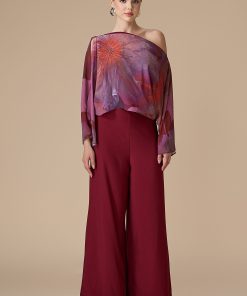 اكتان - جمبسوت عنابي مع طبقة شيفون مطبوعة