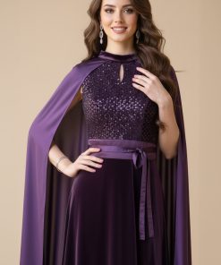 Alternative view of اكتان - فستان موف سهرة مخملي بأكمام كيب