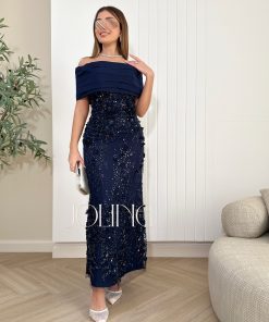 جولينا - فستان سهرة كحلي مطرّز بتصميم أوف شولدر