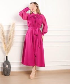 أوبرا فاشن - فستان فوشي كريب اكمام طويلة بتصميم مميز قطعة فاخرة