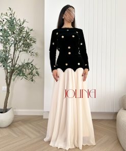 جولينا - فستان سواريه أسود وبيج باكمام