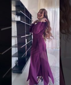 Alternative view of أوبرا فاشن - جمبسوت مزين بورد ثلاثي الابعاد وشرائط متدلية أنيقة من الخصر لون موف قماش كريب اكمام طويلة