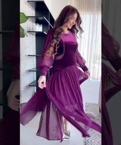 Alternative view of أوبرا فاشن - فستان سهرة مخمل وتل بأكمام شفافة وقصة أنيقة