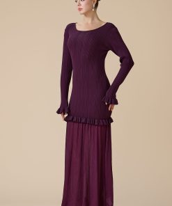 اكتان - فستان برغندي طويل بأكمام طويلة