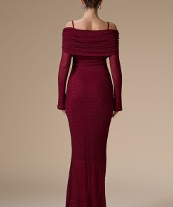 Alternative view of اكتان - فستان برغندي كلاسيكي بكسرات مزين بالفصوص