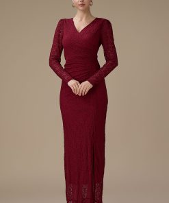 اكتان - فستان طويل برغندي دانتيل