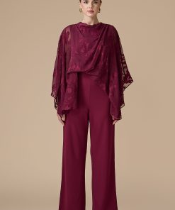 اكتان - جمبسوت برغندي شيفون بكاب مطرز بالأزهار