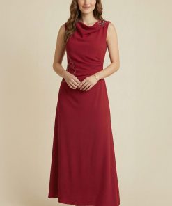 اكتان - فستان ماكسي درابيه مزيت بالفصوص لون أحمر