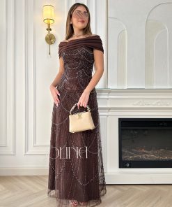 جولينا - فستان سهرة بني أوف شولدر مطرز