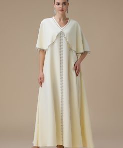 اكتان - جلابية أنيقة أصفر فاتح بتطريز فضي