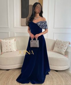 جولينا - فستان مخمل جوخ نيلي بتطريز فضي