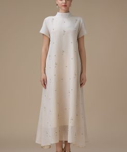 اكتان - جلابية طويلة بيج أنيقة بتطريز لؤلؤ ناعم