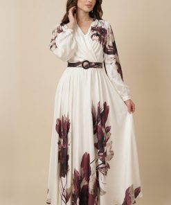 اكتان - فستان عنابي ساتان باكمام طويلة