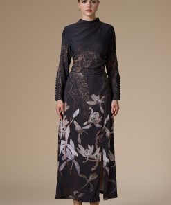 اكتان - فستان بني طويل كريب