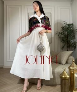 جولينا  - جلابية بيضاء بتطريز اسود