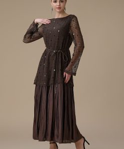 اكتان - فستان طويل بني بطبقتين مع حزام أنيق