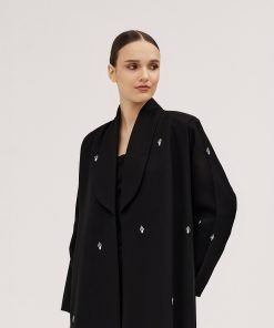 عبايات سوروزيه - عباية كتان نص كلوش سوداء مزينة بشك أبيض