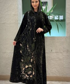 زاهية - عباية دلال مخمل زيتي داكن بتطريز شك