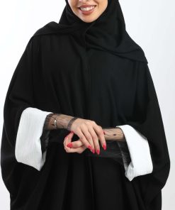 أمول - عباية مشلح كريب ملكي لون أسود باكمام سي واي ودانتيل 5064