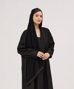 عبايات سوروزيه - عباية كريب لون اسود ملكي نص كلوش بتطريز هاري وشك فخم